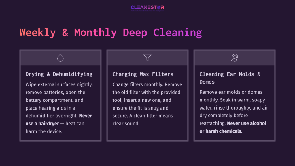 Three Dark Panels Outline Cleaning Steps For Phonak Hearing Aids: Drying, Changing Wax Filters, And Cleaning Ear Domes, With Purple Accents.