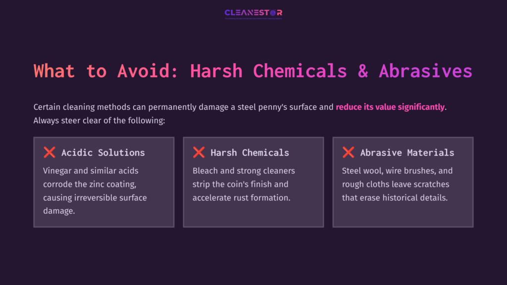 Text On A Dark Background Detailing Cleaning Methods To Avoid For Steel Pennies, With Warnings Against Acidic Solutions, Harsh Chemicals, And Abrasives.