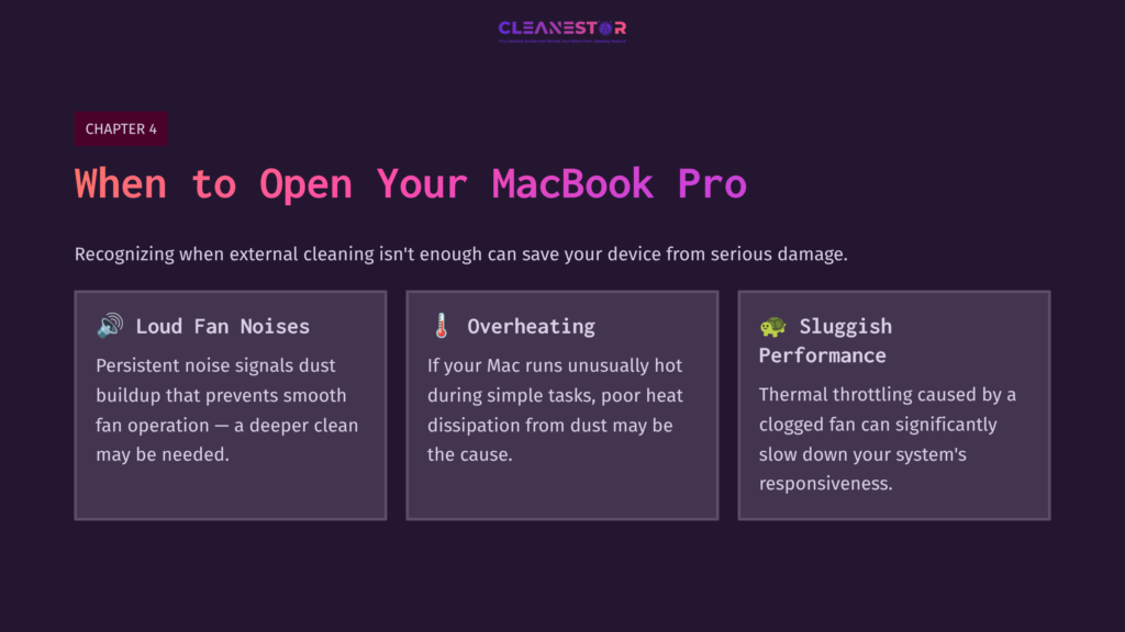 Purple Background With White And Pink Text Highlights Issues Related To Macbook Pro Maintenance: Loud Fan Noise, Overheating, And Sluggish Performance.