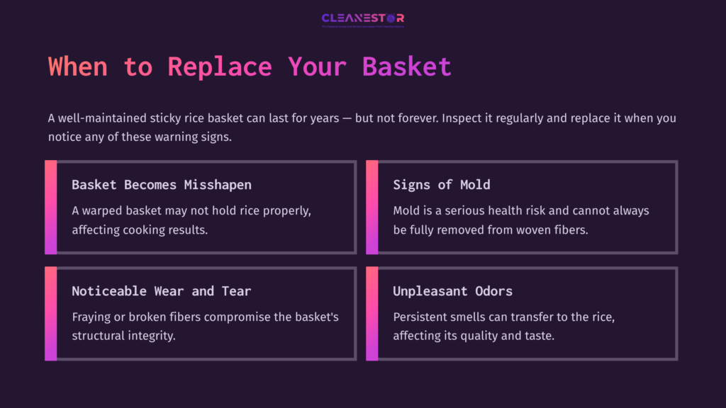 Infographic With Four Sections Detailing Signs To Replace A Sticky Rice Basket: Misshapen, Mold, Wear, And Odors, On A Dark Background.