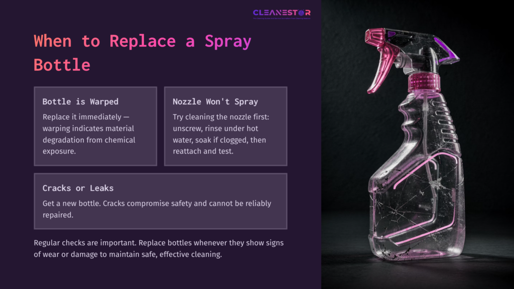 A Clear Spray Bottle With A Pink Nozzle Shows Visible Cracks, Alongside Text Outlining When To Replace A Spray Bottle.