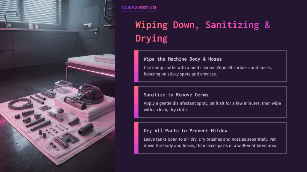 A Neatly Arranged Cleaning Setup On A Towel Includes A Rug Cleaning Machine, Brushes, And Spray Bottles, With Vibrant Lighting In A Bathroom.