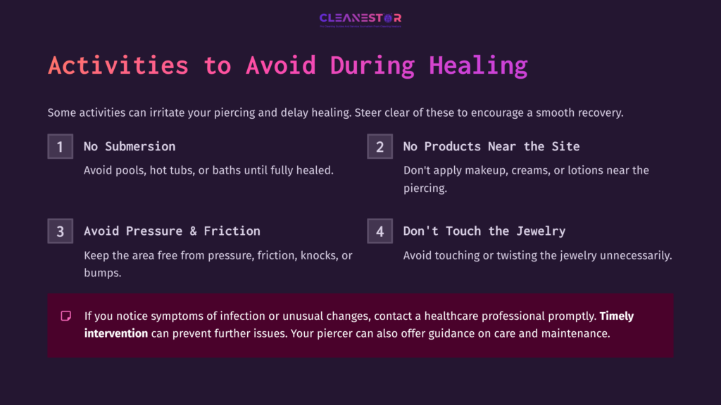 Textual Guidelines On Avoiding Irritation During Dermal Piercing Healing, With A Purple And White Color Scheme, Numbered List Highlighting Key Activities.