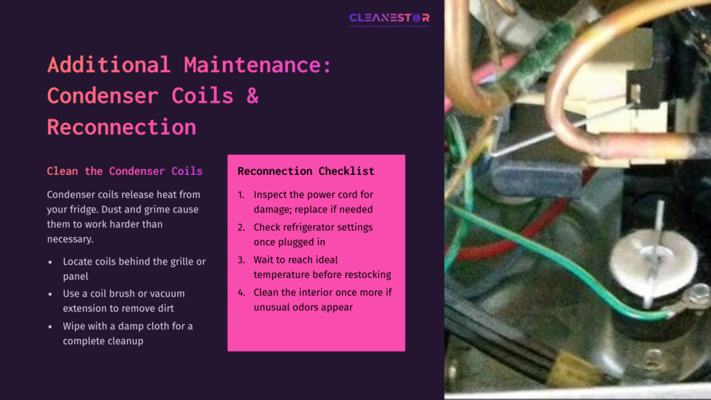Close-Up Of Refrigerator Condenser Coils With Wires, Tools, And Instructions On Cleaning And Reconnecting, Set Against A Purple Background.