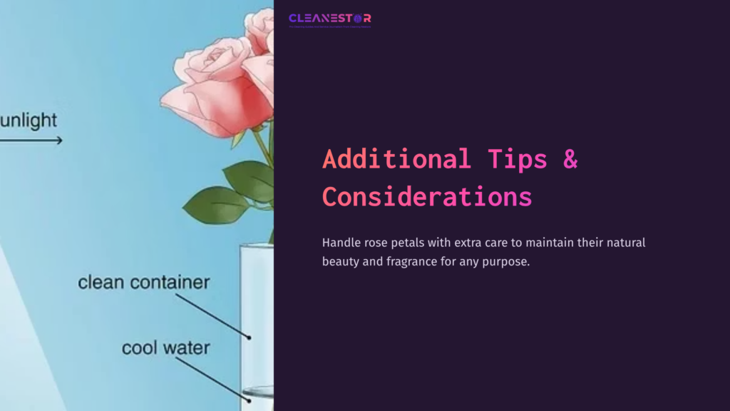 7 Additional Tips And Considerations Illustration Showing A Vase With Pink Roses, Labeled Steps For Cleaning Rose Petals, Featuring Sunlight And Cool Water Tips.