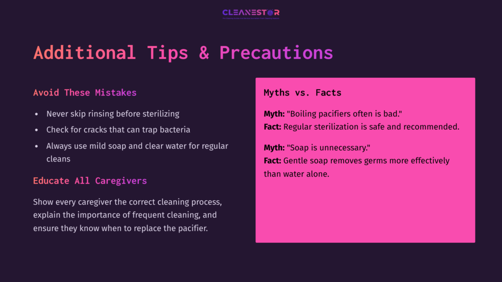 Text On A Dark Background Provides Cleaning Tips For Nuk Pacifiers, With Key Points Highlighted In Pink Boxes For Myths And Facts.