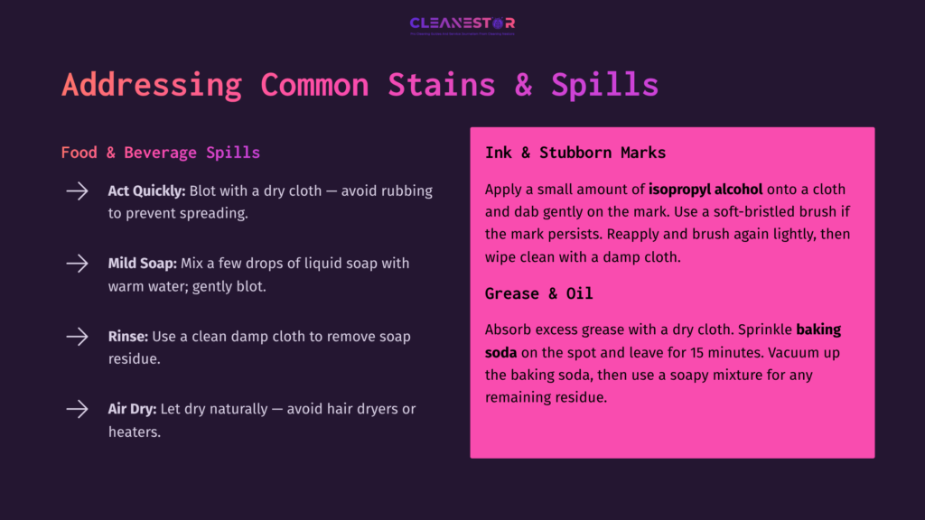 7 Addressing Common Stains And Spills Text On A Pink And Purple Background With Cleaning Tips For Ink, Spills, Grease, And Oil, Featuring Illustrations Of Cleaning Cloths.