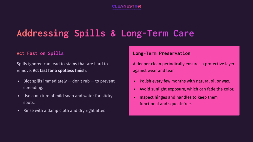 Text On A Split Background: Left In Purple Discusses Spill Management, Right In Pink Outlines Long-Term Care Tips For Cherry Wood Cabinets.