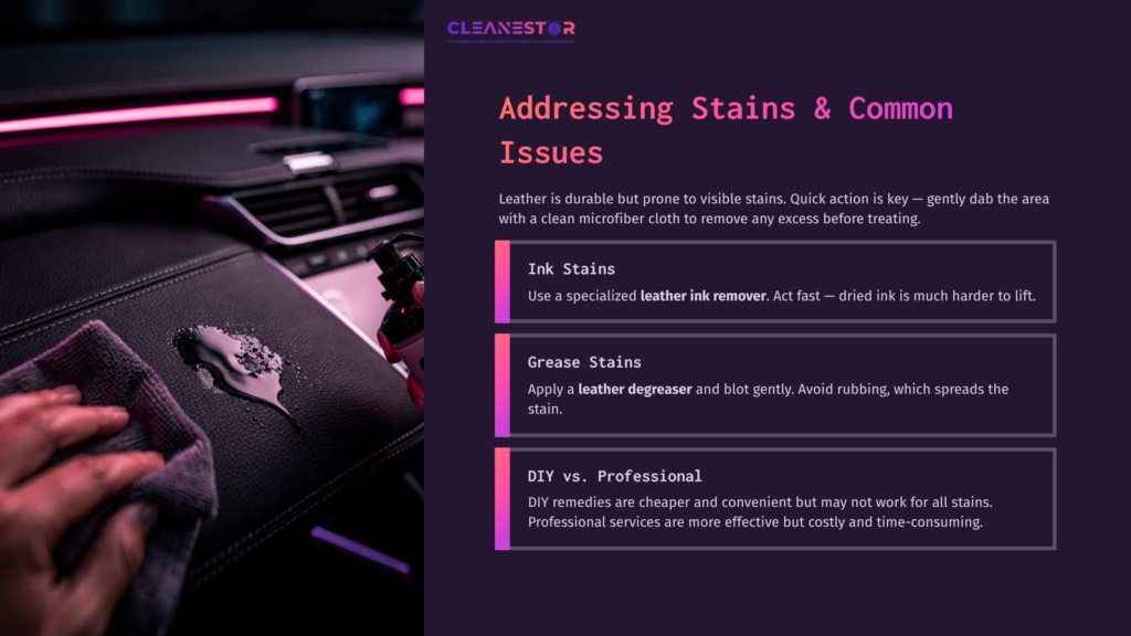 A Leather Dashboard Being Cleaned With A Microfiber Cloth, Featuring Pink Ambient Lighting And A Summary Of Stain Removal Tips.