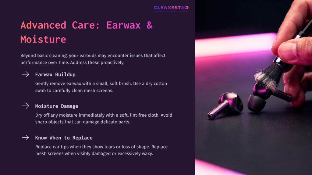 Bose Earbuds With A Cleaning Brush And Cloth On A Gradient Background, Highlighting Earwax Buildup And Moisture Damage Tips.