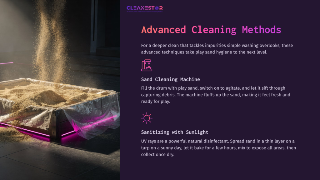 A Sand Cleaning Machine With Play Sand Inside, Illuminated By Purple Light, Next To Instructions For Cleaning Methods On A Dark Background.