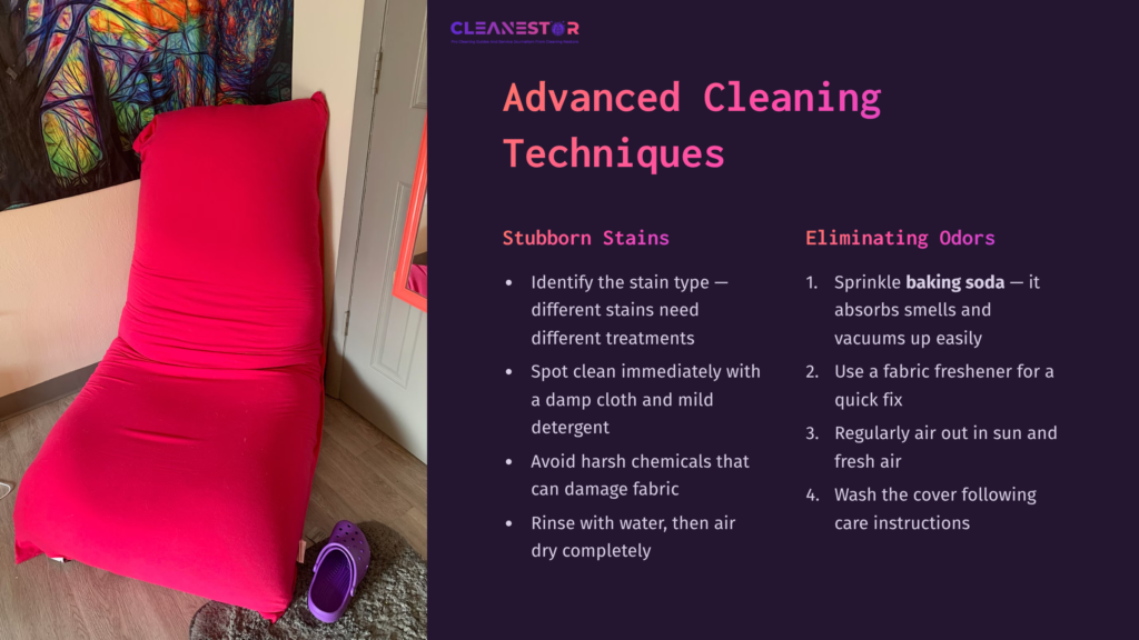 A Vibrant Pink Yogibo Chair Sits Beside A Purple Slipper, Accompanied By Cleaning Tips For Stains And Odors In Bullet Points.
