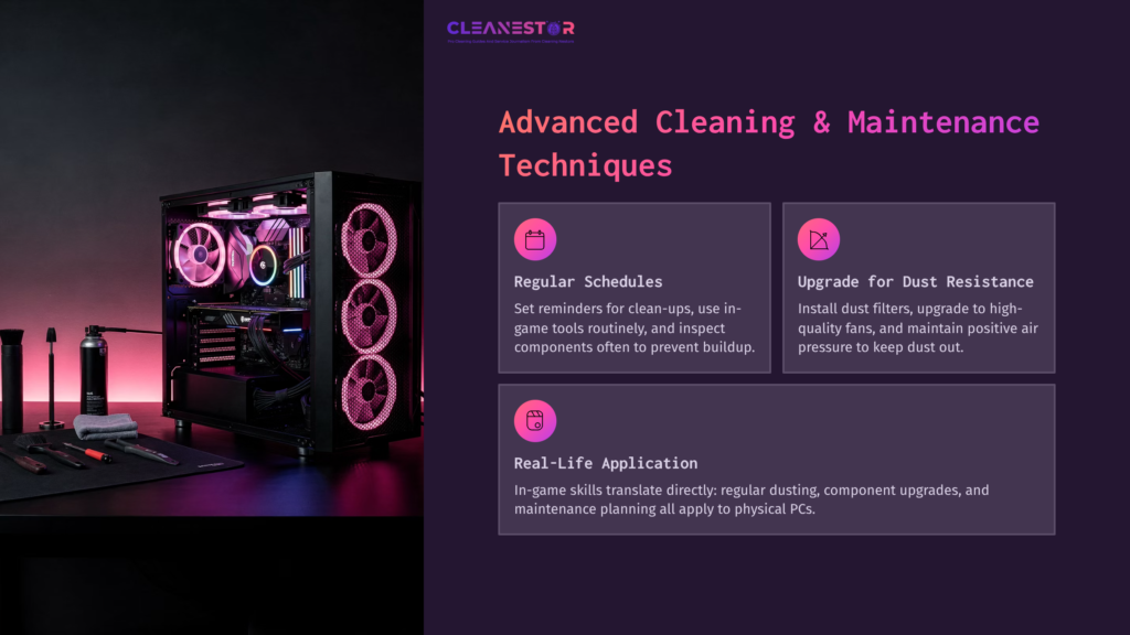 A Black Computer Case With Pink Led Fans, Surrounded By Cleaning Tools, On A Purple Background Showcasing Maintenance Tips.