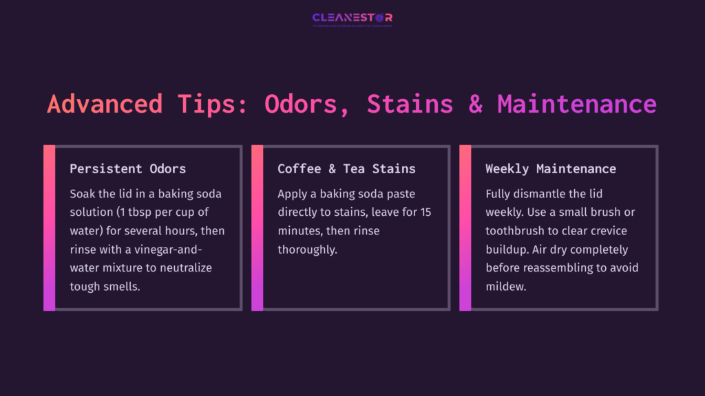 Three Tips For Cleaning With A Dark Purple Background, Featuring Pink Headers. Sections On Odors, Coffee &Amp; Tea Stains, And Weekly Maintenance Outlined Clearly.