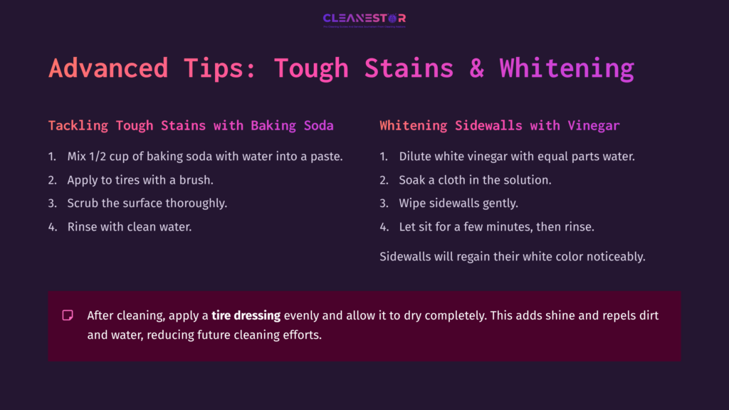 Textual Tips On Cleaning Tires With Baking Soda And Vinegar, Featuring Headings In Bold And A Dark Background For Contrast.