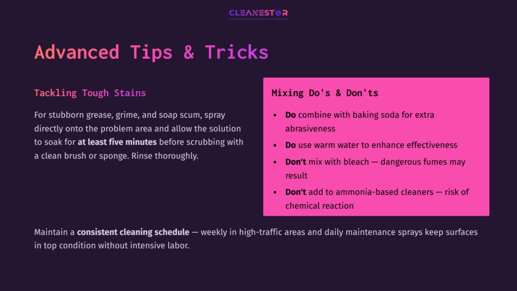 7 Advanced Tips And Tricks Text On A Purple Background Outlines Cleaning Tips, Featuring Pink Highlighted Do'S And Don'Ts For Using Dr. Clean Spray Effectively.