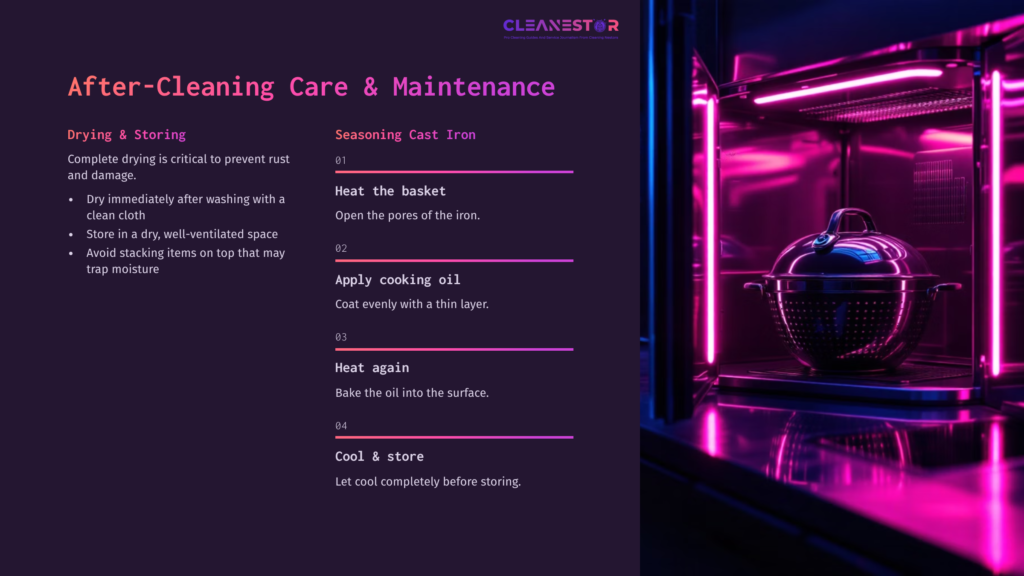Illustration Of A Grill Basket Inside An Oven With Vibrant Purple Lighting, Alongside After-Cleaning Care Instructions In A Modern Layout.