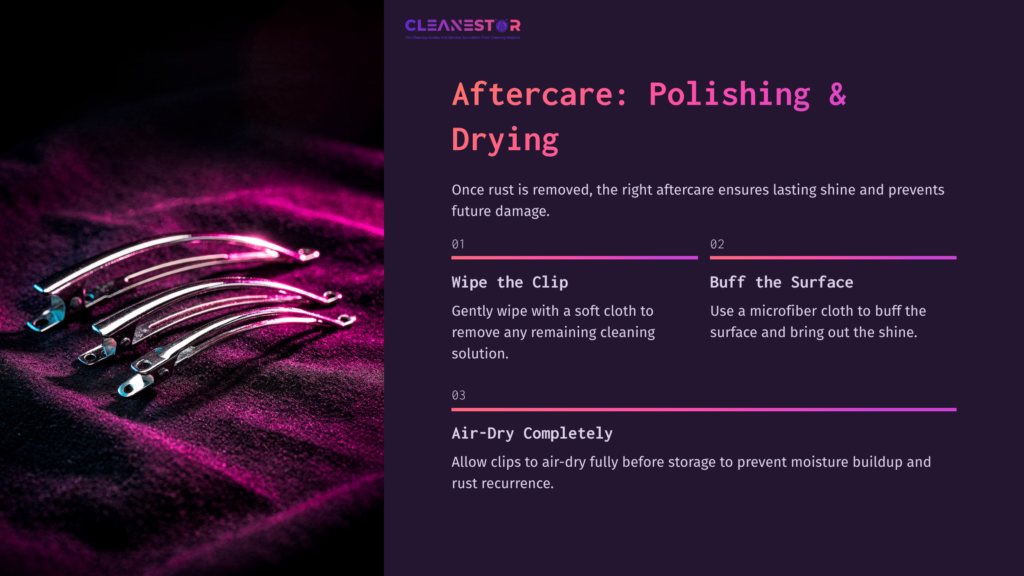 A Trio Of Shiny Hair Clips Resting On A Purple Velvet Surface, Accompanied By Text Outlining Polishing And Drying Instructions.