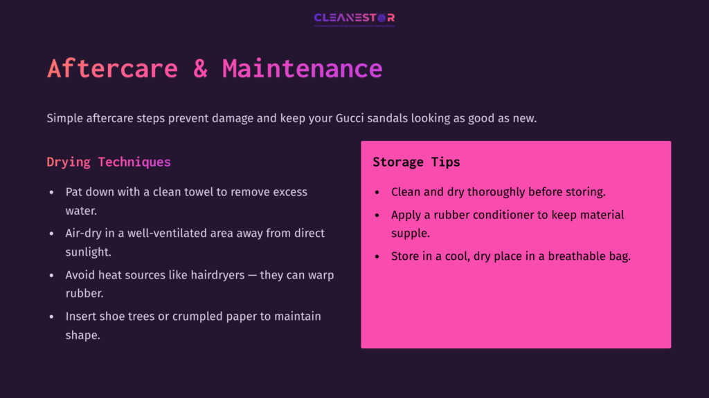 Text On Dark Background: &Quot;Aftercare &Amp; Maintenance&Quot; With Pink Box Detailing Storage Tips And Drying Techniques For Gucci Sandals.