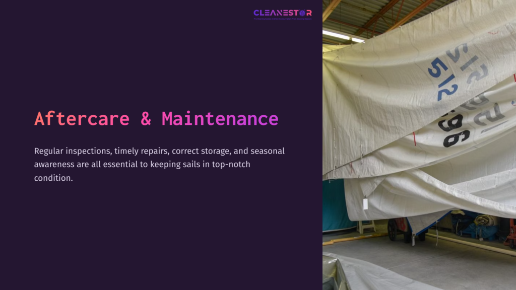 7 Aftercare And Maintenance A Partially Covered Sailboat In A Storage Facility, Showcasing A Large White Sail And A Purple Background With Maintenance Tips.