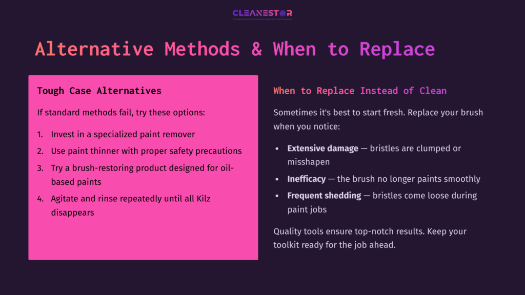 Pink And Purple Layout With Text Listing Alternatives For Cleaning Paintbrushes. Key Points About Product Use And Replacement Methods Are Highlighted.