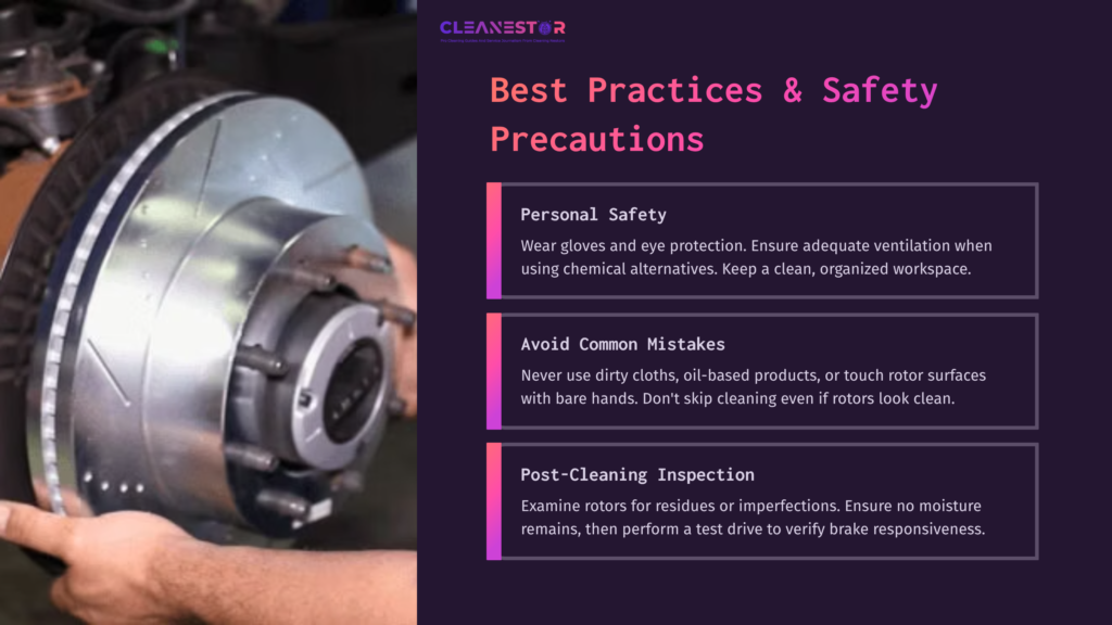 Detailed Graphic Outlining Best Practices For Cleaning Brake Rotors, Featuring A Close-Up Of A Rotor, Safety Precautions, And Cleaning Tips.
