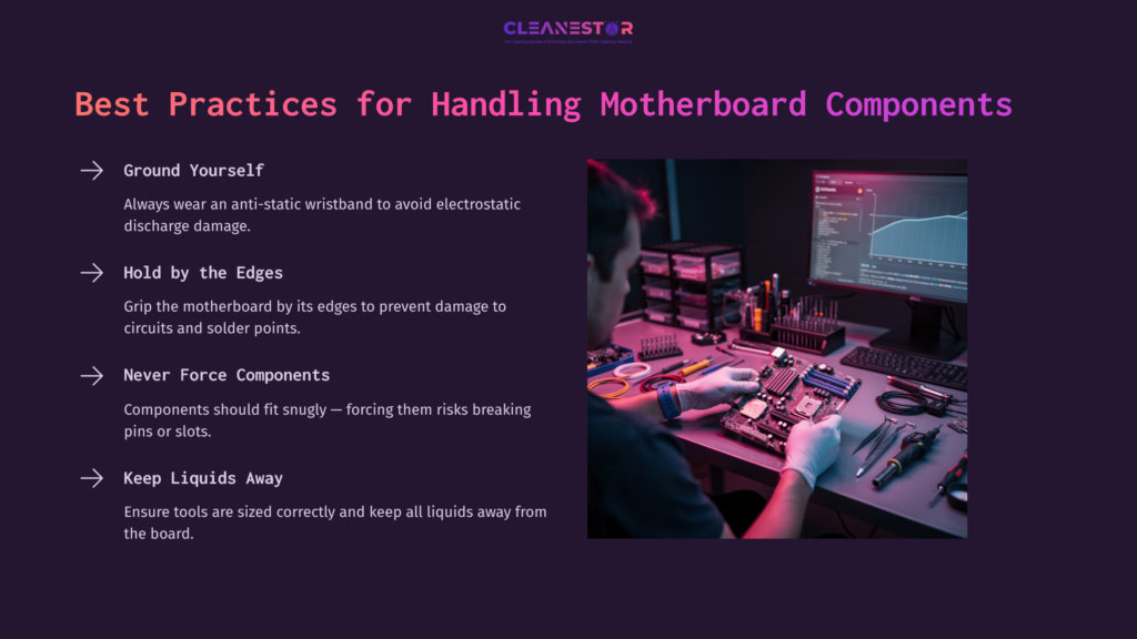 A Workspace With A Motherboard, Tools, And A Computer Monitor Displaying Data; Hands In Gloves Handle Components Carefully.