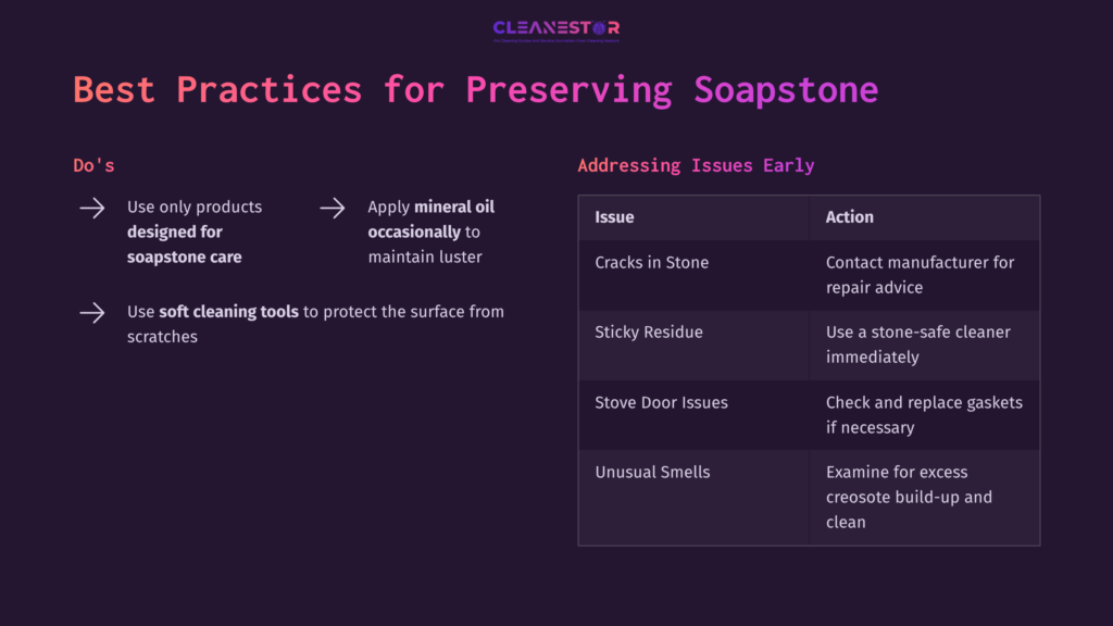 Best Practices For Preserving Soapstone Stove, Featuring A List Of Do'S And Addressing Issues Early With Corresponding Actions.