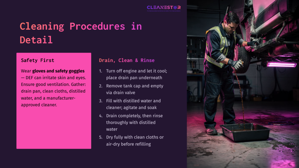 7 Cleaning Procedures In Detail A Worker In Safety Gloves And Goggles Cleans A Def Tank, Using Distilled Water And A Cleaner, With Pink And Purple Lighting.