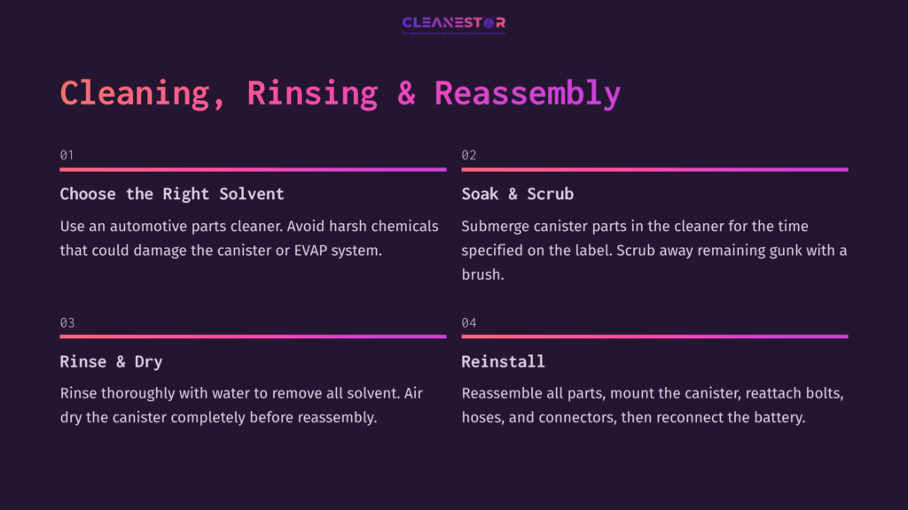 7 Cleaning Rinsing And Reassembly Steps For Cleaning A Vapor Canister, Featuring Instructions In White And Pink Text On A Dark Background, Outlining Solvent Choice, Soaking, Rinsing, And Reassembly.