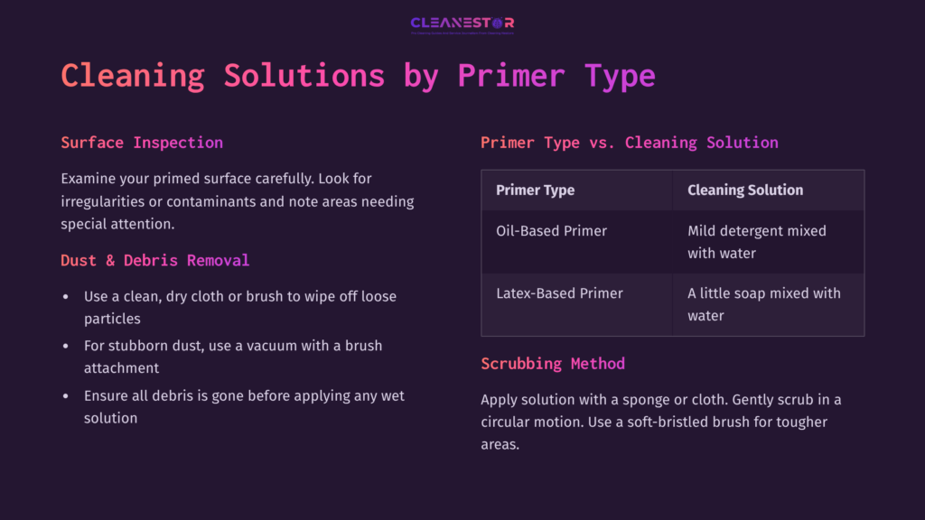 Diagram Comparing Cleaning Solutions For Different Primer Types, With Headings, Bullet Points, And A Dark Background Highlighting Instructions.