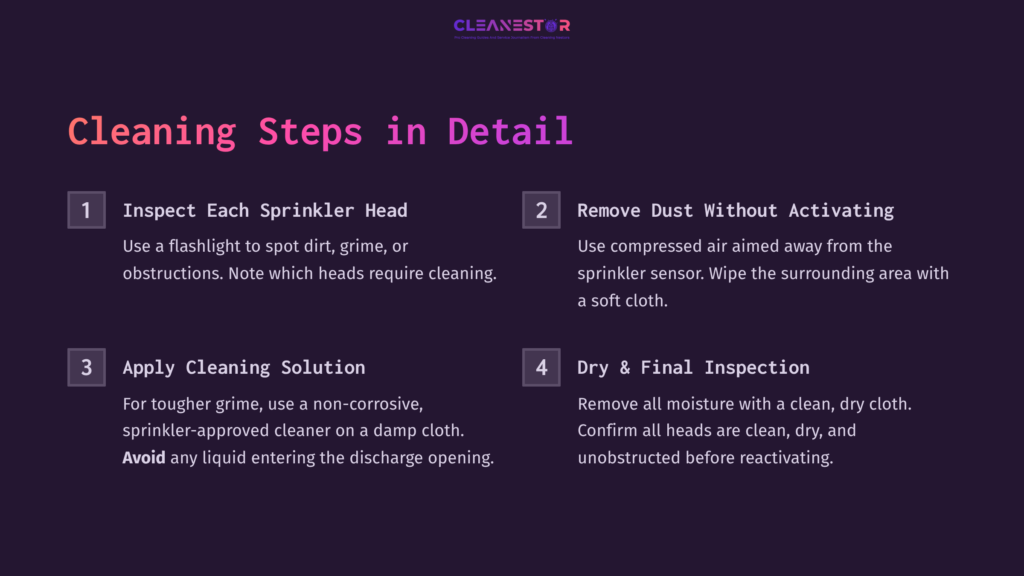 Instructions For Cleaning Fire Sprinkler Heads, With Numbered Steps Highlighted In White Text On A Dark Purple Background.