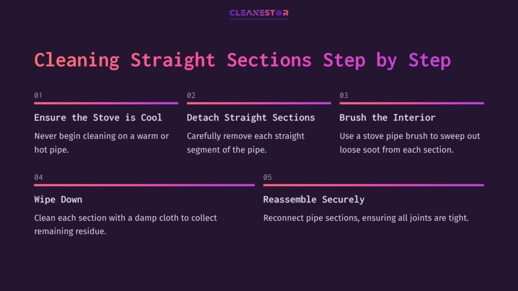 Step-By-Step Cleaning Instructions For Stove Pipes On A Dark Background, With Numbered Sections And Bright Text Highlighting Key Steps.