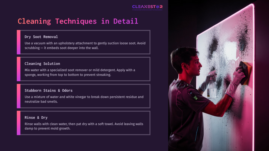 A Person Cleaning A Wall With A Spray Bottle And Sponge, Showcasing Techniques To Remove Smoke Damage. Dark Background With Purple Accents.