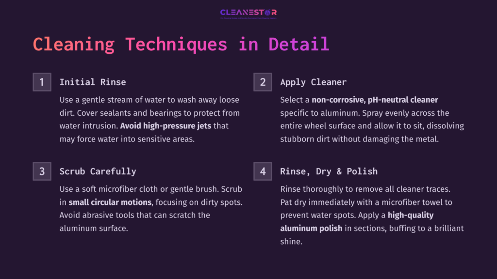7 Cleaning Techniques In Detail Instructions For Cleaning Aluminum Motorcycle Wheels, Featuring Steps With Numbered Headings And Colorful Text On A Dark Background.