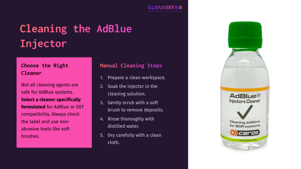 7 Cleaning The Adblue Injector Small Bottle Of Adblue Injector Cleaner With A Green Cap, Placed Beside Cleaning Instructions On A Purple Background.