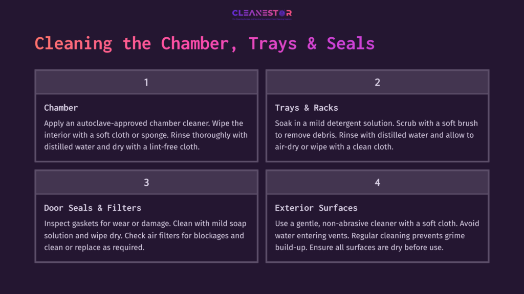 Instructions For Cleaning A Midmark Autoclave, Featuring A Purple Background With Numbered Steps, Detailing Cleaning Methods For Various Components.