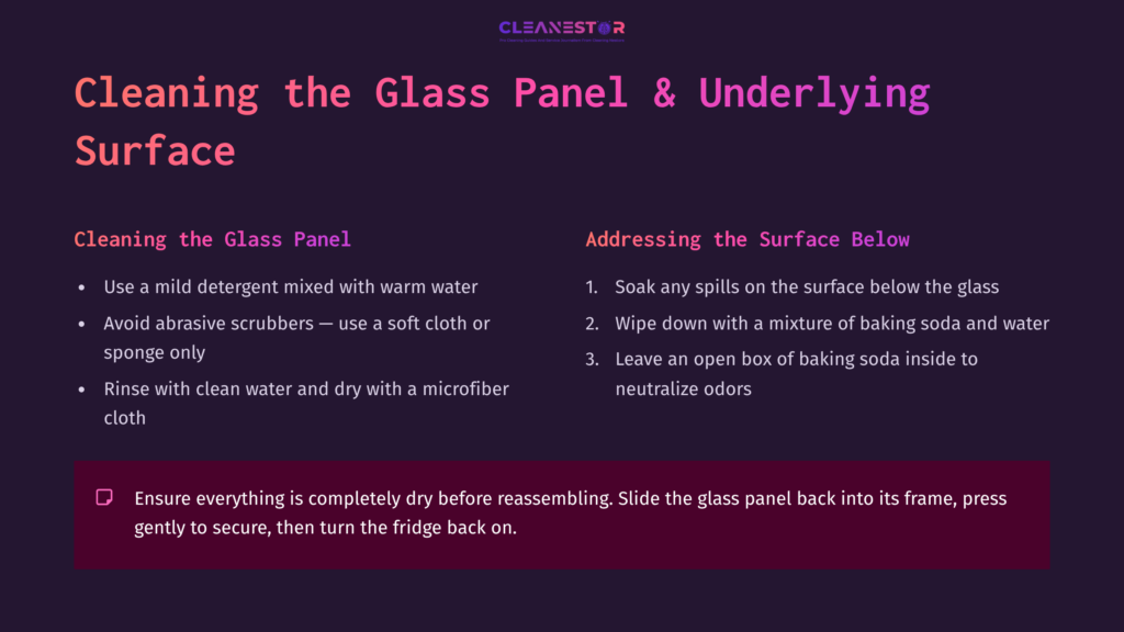 Text On A Dark Purple Background Outlines Steps For Cleaning A Glass Panel And Surface Underneath, With Tips In Clear Bullet Points.