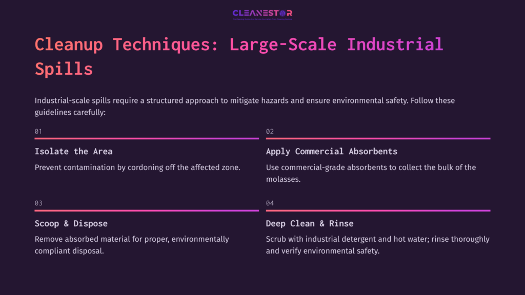Graphic Outlining Cleanup Techniques For Large-Scale Industrial Molasses Spills, Featuring Headings In White On A Dark Purple Background.
