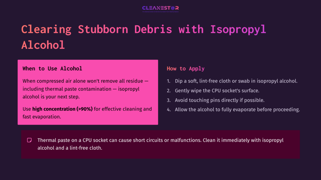 Instructions For Cleaning A Cpu Socket, Featuring A Bold Pink Header, Tips For Using Isopropyl Alcohol, And A Two-Step Application Process.