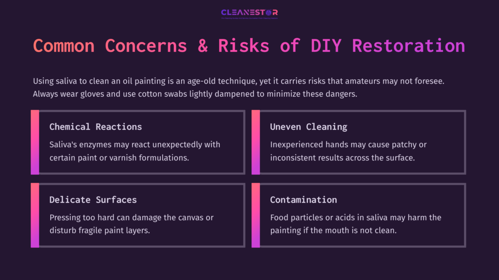 Four Quadrants Highlight Concerns And Risks Of Cleaning Oil Paintings With Saliva, Featuring Text In White Against A Dark Purple Background.