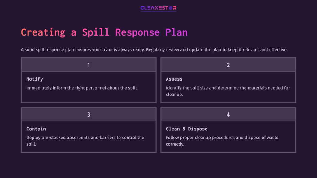 Four-Step Spill Response Plan Highlighted In A Purple Layout. Steps Include Notifying Personnel, Assessing The Situation, And Cleaning &Amp; Disposing.