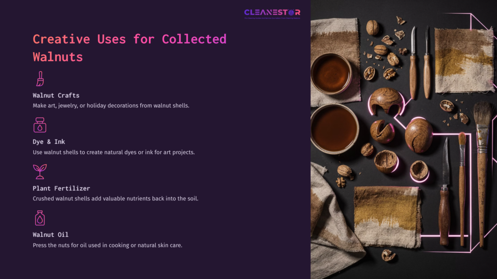 Arranged Walnuts And Shells Surround Cups Of Dye, Scattered Fabric, And Text On A Dark Surface, Highlighting Creative Uses For Walnuts.