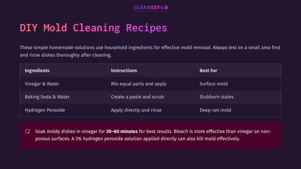 Light Purple Background With A Text Box Featuring Diy Mold Cleaning Recipes. Ingredients And Instructions For Cleaning Mold From Dishes Are Listed.