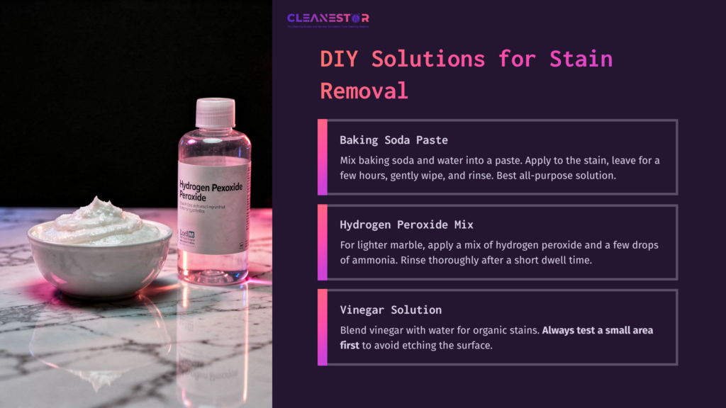 A Clear Bottle Of Hydrogen Peroxide Beside A Bowl Of Baking Soda Paste On A Marbled Surface, With Text Detailing Diy Stain Removal Solutions.