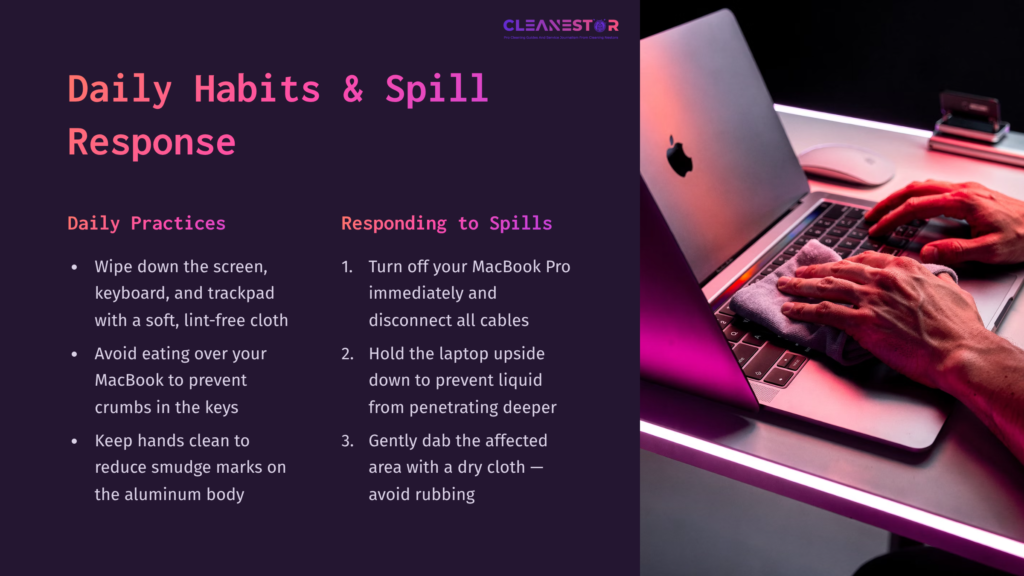 A Macbook Pro On A Desk, With A Hand Cleaning The Keyboard Using A Cloth, Surrounded By Tips For Daily Care And Spill Response.