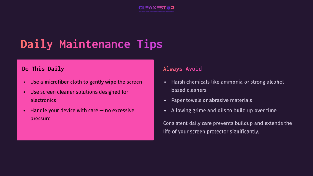 7 Daily Maintenance Tips Purple Background With White Text Lists &Quot;Daily Maintenance Tips&Quot; And &Quot;Always Avoid&Quot;. Key Points Highlighted In Pink About Safe Cleaning Methods For Screen Protectors.