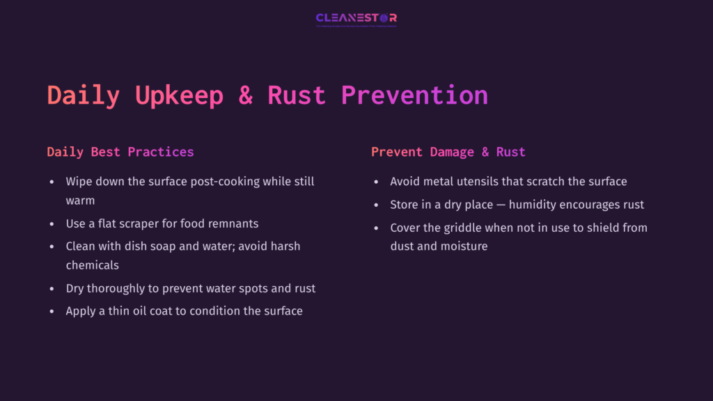 Purple Background With White And Pink Text Outlining Daily Griddle Upkeep And Rust Prevention Tips, Highlighting Best Practices And Preventive Measures.
