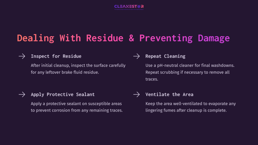 7 Dealing With Residue And Preventing Damage Text On A Dark Background Outlining Steps To Clean Brake Fluid: Inspect For Residue, Repeat Cleaning, Apply Sealant, And Ventilate Area.