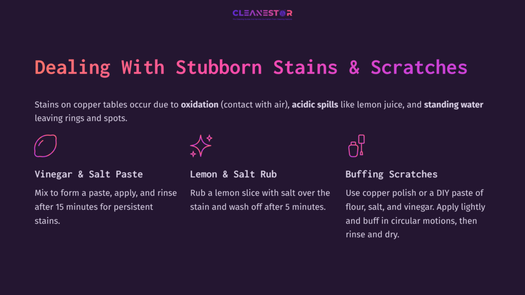 Text Instructions On A Dark Background Detailing Methods For Cleaning Copper, Featuring Icons For Vinegar, Lemon, And Polishing Techniques.